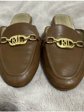 Ralph Lauren Brown Leather Slip-On Mules with Gold RL Chain